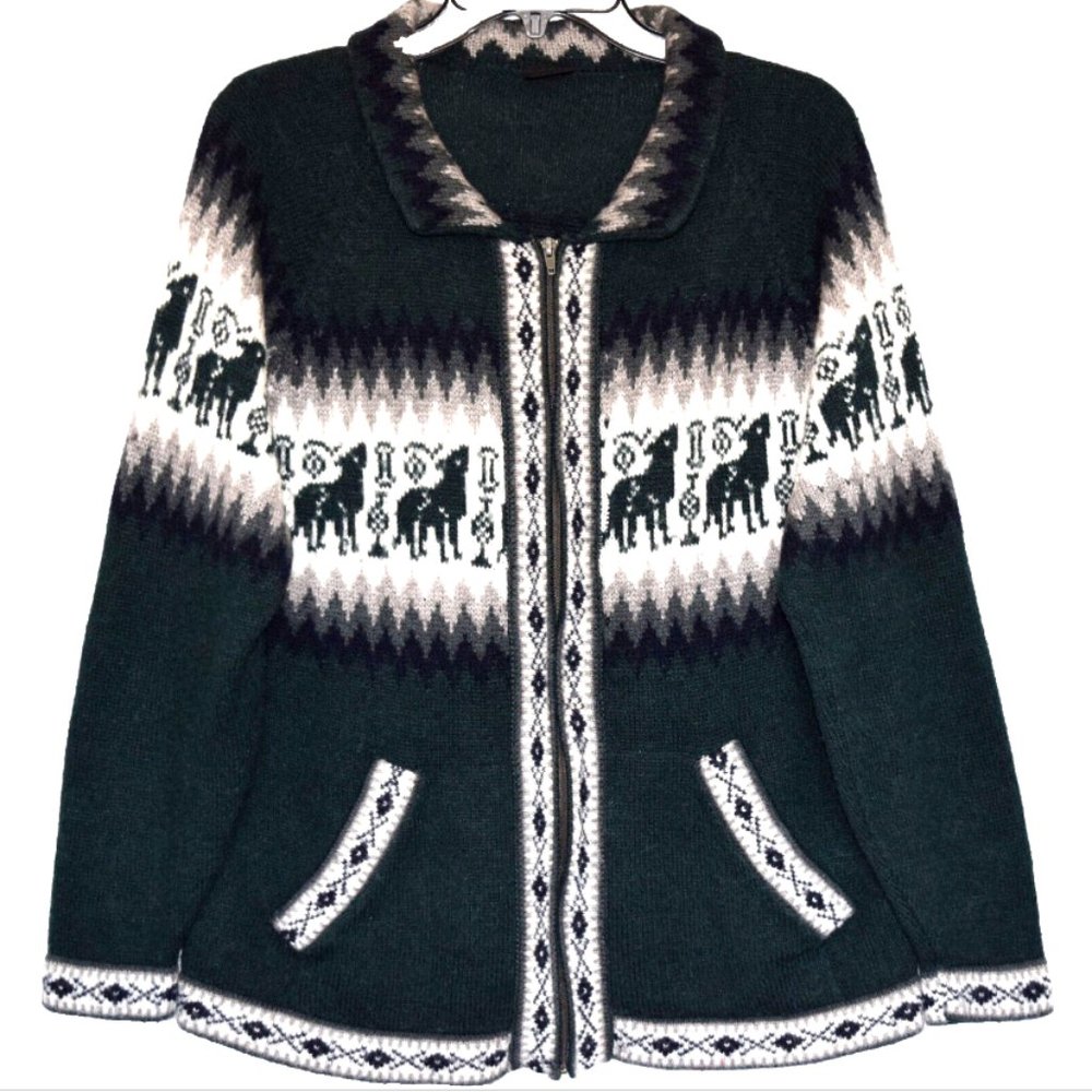 Alpaca Fina Green White Animal Print Full Zip Collared Cardigan Size M/L